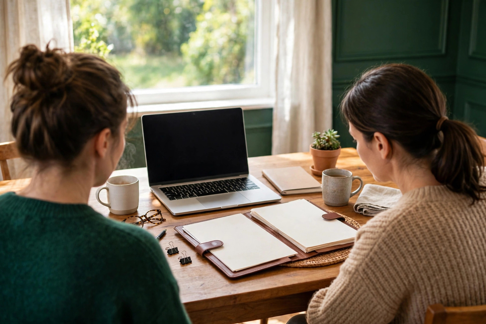 Two adults at a home table with a laptop, a notebook of household bills and two mugs