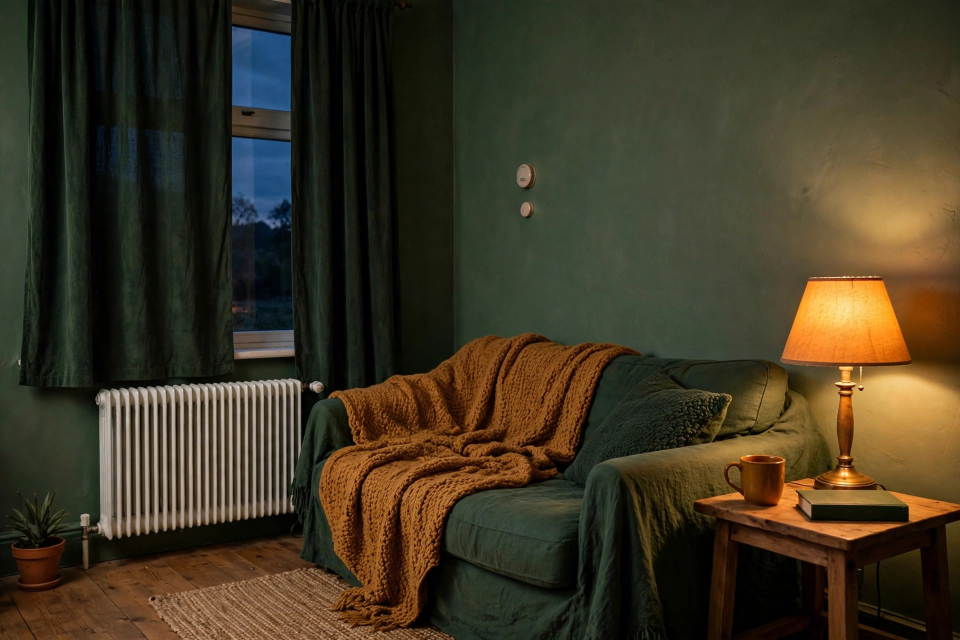 A warm living room in the evening with lamps, a radiator and a thermostat on the wall
